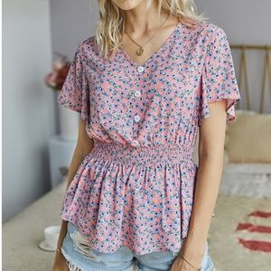 Pink Floral Peplum Button Shortsleeve Top